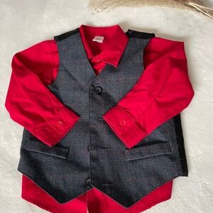 Red Shirt with Black Plaid Vest Set